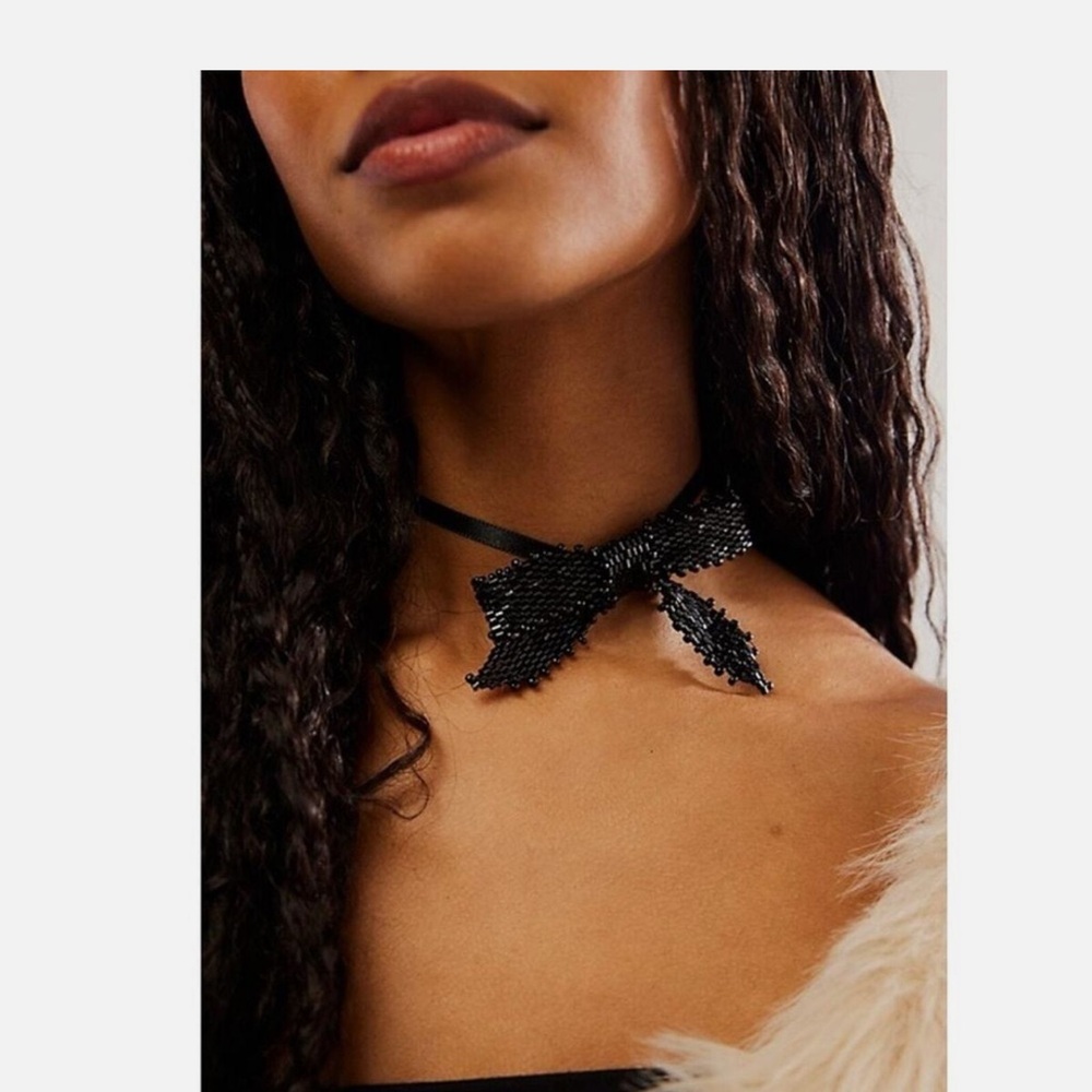 Free People Black Backstage Pass Bow Choker in Glass Sequin Coquette Glam
